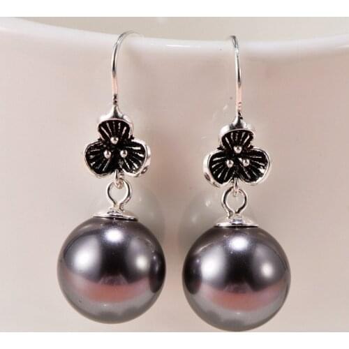 Fine S925 Sterling Silver Round Flower Black Shell Pearl Simple Retro Palace Style Earrings Womens Jewelry MeibaPJFS