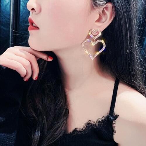 SUMENG 2020 New Fashion Women Exaggerated Crystal Double Heart Earrings Contracted Joker Long Drop Earrings Jewelry Accessories