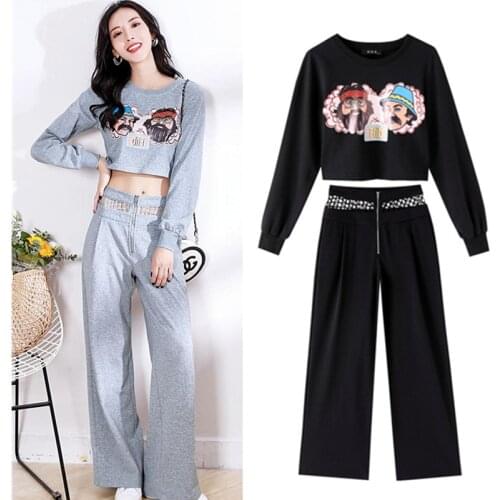 Casual Style Women Spring Autumn Short Cartoon Print Sweatshirts Top Crops And Open Leg Pants Women Tracksuit Clothing Set SY079