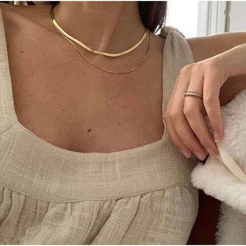 New Multi Layered Flat Blade Snake Link Chain Choker Necklace Women Vintage Jewelry Metal Simple Gold Color Collar Necklace