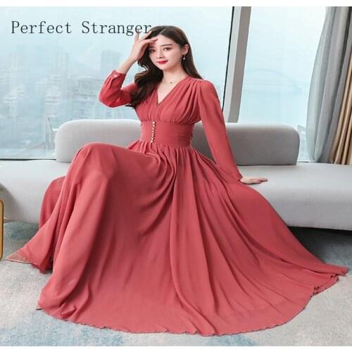 2020 Autumn New Arrival Bohemian Style Plus Size S-3XL V Collar Long Sleeve Solid Color Women Chiffon Long Dress