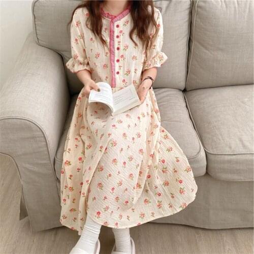 2021 Summer New Girls Sweet Sleep Dress Comfort Gauze Cotton Cute Floral Print Women Loose Thin Princess Style O-Neck Sleepwear