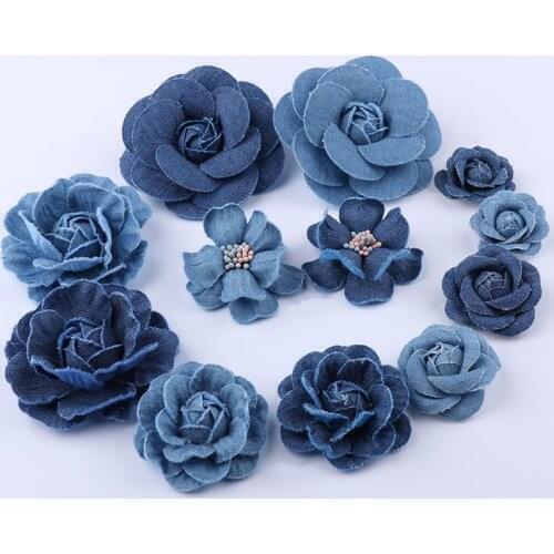 5Pcs/lot Denim Flower Fake Artificial Flowers Head Bouquet Small Camellia For DIY Scrapbooking Headdress Craft Garment Decor