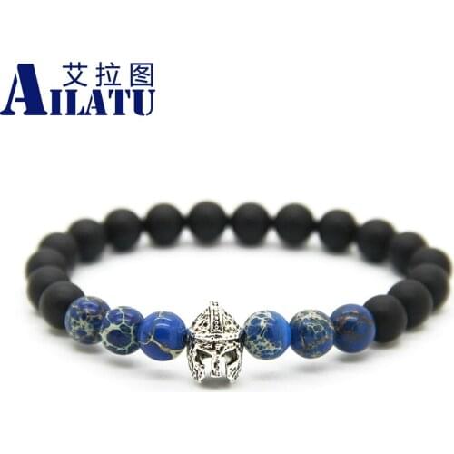 Ailatu Legendary Heroic Fighting Helmet 8mm Matte Stone Roman Warrior Bracelet Fashion Jewelry for Mens Gift