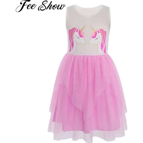 Kids Girls Summer Dresses Dance Breathable Mesh Round Neck Sleeveless Cartoon Print Mesh Tutu Dress Children Casual Wear