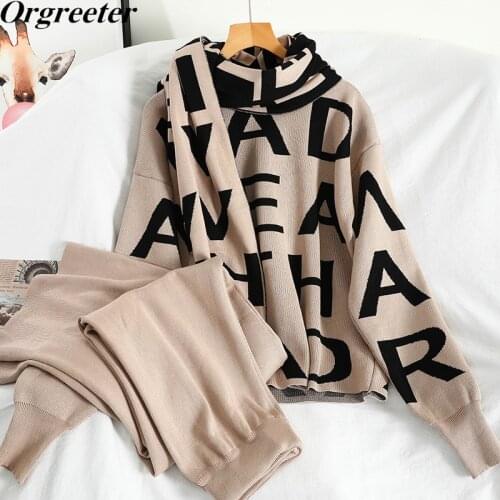 Women Knited Letter Sweater + Pants+Cape Long Scarf 3PCS Suits Knit Pullovers Wraps Wide Leg Trousers Sets