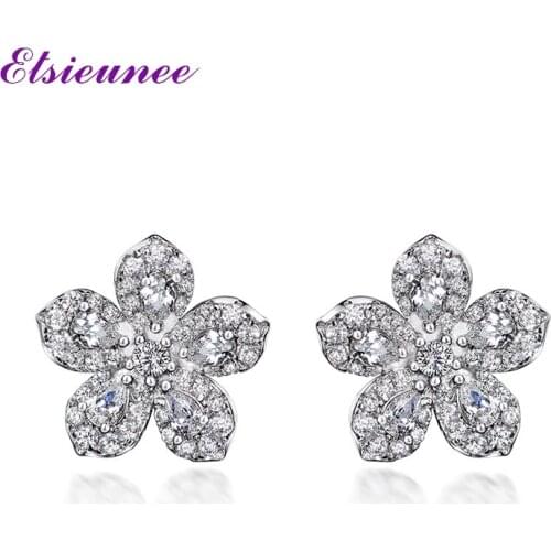 ELSIEUNEE Classic Flower Wedding Simulated Moissanite Diamonds Stud Earrings for Women 100% 925 Sterling Silver Ear Fine Jewelry