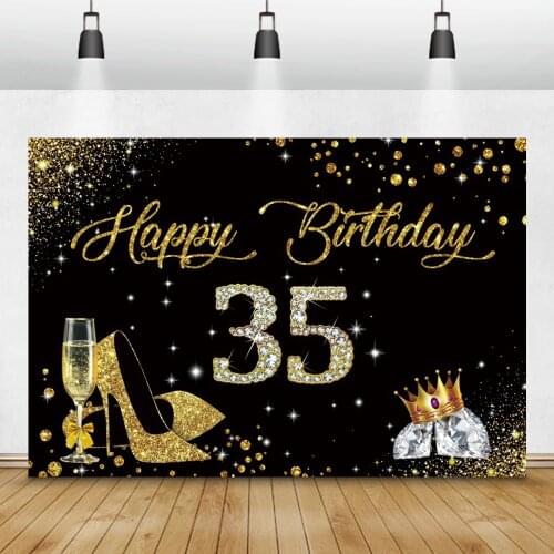 Laeacco Happy 35th Birthday Backdrops High Heels Champagne Diamond Crown Glitters Custom Photography Background For Photo Studio