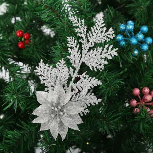 5pcs Artificial Flowers Christmas Flower Decoration Glitter Christmas Tree Family DIY Decorations Fake Flowers Christmas Decor