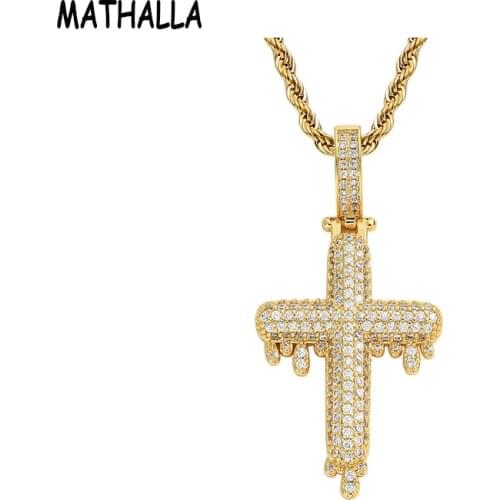 MATHALLA Hiphop Copper Jewelry Micro Paved Cubic Zirconia CZ Cross With Water Drop Pendant Gold Iced Out Cross Necklace for Men