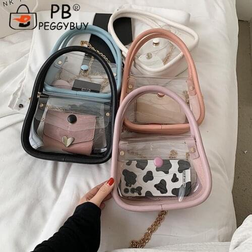 Fashion Women Transparent Thin Chain Shoulder Crossbody Bag Casual All-match PVC PU Leather Patchwork Flap Mini Handbags