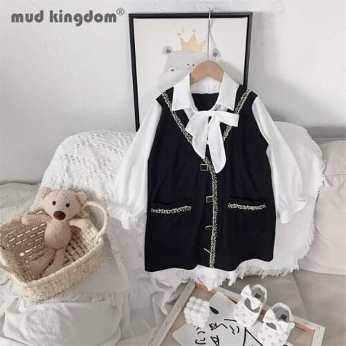 Mudkingdom Girl Dress Casual Bow Turn-down Collar Long Puff Sleeve Patchwork A-line Princess Dresses for Toddler Pocket Clothes