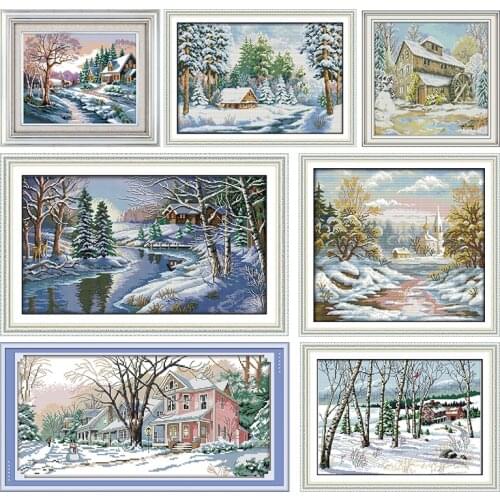 Joy Sunday Embroidery Cross Stitch Kits Stamped Fabric Snowscape 11CT 14CT Counted Printed Needlework Home Decoration Craft Sets