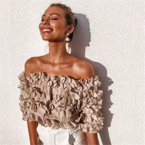 Puff Sleeve Blouse Women Sheer Perspective Frill Ruffle Shirt Off Shoulder OL High Street Casual Lace Blusas Crop Top Beach