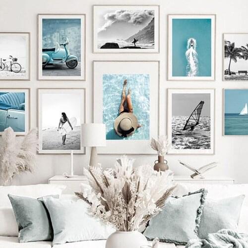 Nordic Canvas Painting Beach Moto Bike Car Sea Woman Surf Landscape Vintage Posters Wall Art Prints Picture Modern Room Decor