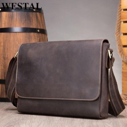 WESTAL Crazy Horse Leather Messenger Bag Men Genuine Leather Bags for Men Vintage Postman Mens Shoulder Bag Cover Satchels 601