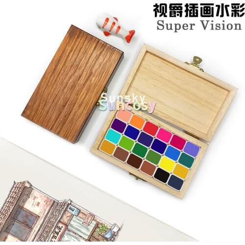 Super Vision High Transparent Illustration Professional Watercolor Pigments 24 Color, Separation Travel Portable Bamboo Iron Box