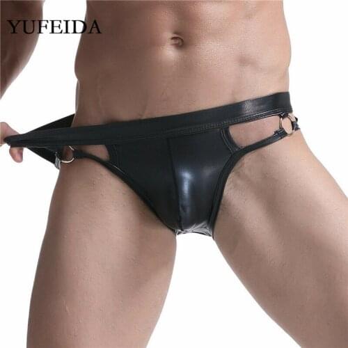 YUFEIDA Sexy Mens Underwear Faux Leather Underpents Breathable Mens Briefs Backless Male Gay Sissy Panties U Convex Penis Pouch