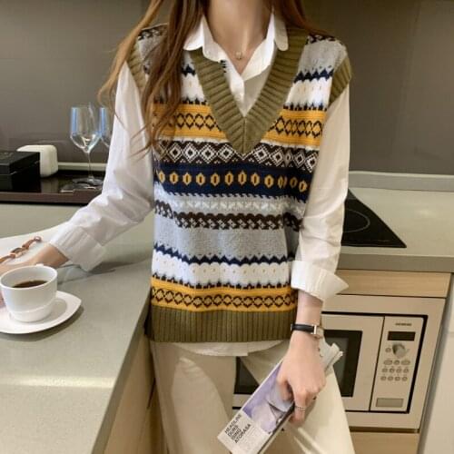 2021 Vintage Literature Art Jacquard Knitted Vest Women Autumn Winter Sweater Women Sleeveless Cheap Vest-free Shipping V-neck