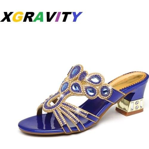 XGRAVITY Top Quality Chunky High Heel Pumps Sexy Ladies Fashion Evening Shoes Elegant Crystal Lady Footwear Dress Shoes Female