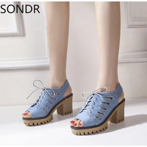 US4-11 Womens Sandals Cowboy Lace Up Platform Summer Gladiator Peep Toe Denim Jeans Slingbacks Block High Heel Shoes Plus Size