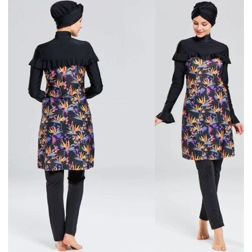 Women Muslim 3pcs Burkini with Hijab Cap Long Sleeve Ruffled Modest Swimsuit Abra Islamic Stand Collar Full Covered Bathing