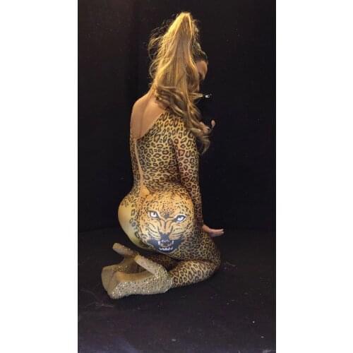 Female Sexy 3D Leopard Tiger Head Skinny Jumpsuit Bar Nightclub Performance Female Singer Dance Team Party Celebration Birthday