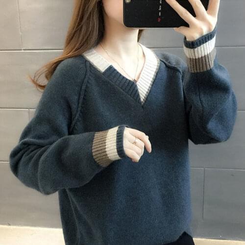 Women 2021 Autumn Winter Retro V-neck Sweater Tops Female Patchwork Loose Jumpers Ladies Long Sleeve Knitted Pullover Tops R603