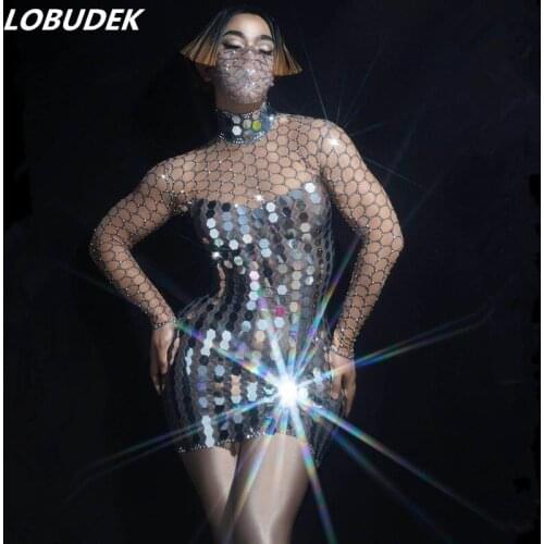 Shiny Silver Mirrors Rhinestones Short Dress Stone Mesh Dresses Lady Singer Sequins Dress Dancer Nightclub Concert Stage Costume