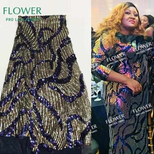 2019 Dark Blue Indian Sequins Lace Fashion French Elegent Women Sequined Guipure Elastic Fabric For Evening Gown Dress Material