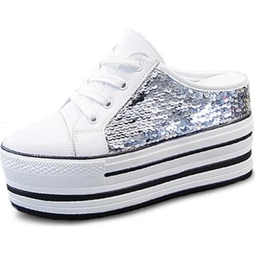 2021 New Round Head Lace-up Genuine Leather Sequins Women Slipper Sandals Platform Internal Increase Wedges Slippers Women Shoes