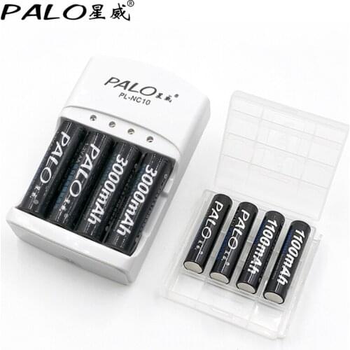 PALO 3in1 NiMH 1.2V 3000mAh 4Pcs AA Rechargeable Battery + 4Pcs AAA 1100mAh 3A Batteries + 9V 6F22 Smart Battery Charger