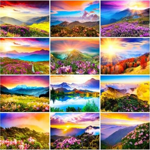 AZQSD Diamond Painting Sunset Cross Stitch 5D Diamond Embroidery Mountain Landscape Rhinestones Art Pictures Home Decor Gift
