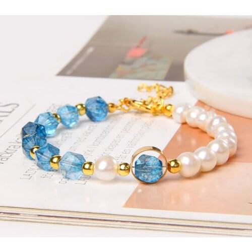 Faceted Blue Crystal Beads Freshwater Pearls Bracelets Women Reiki Party Jewelry Vintage Adjustable Pulsera Men Classic Bangle