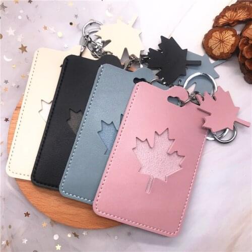 PU Card Cover with Keyring Chain Card Bag Bank Credit Card Holder Hollow Maple leaf name card Student ID Bus Card Pass Holder