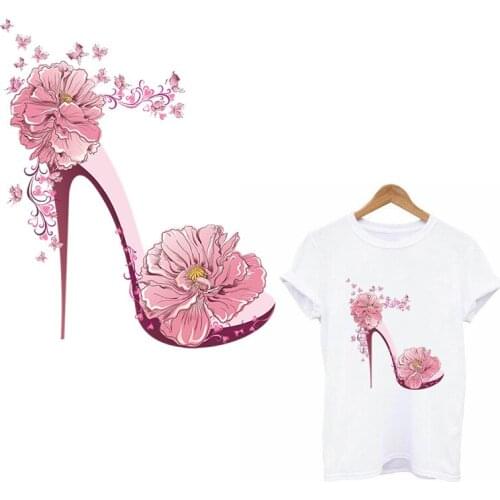 Flower High Heels Heat Transfers Vinyl Patches For Clothing Women T-shirt Applique On Clothes Thermo Stickers Patches Stripe DIY
