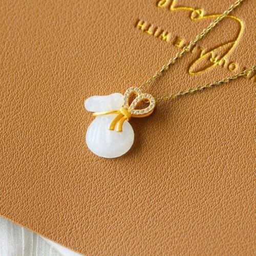 Natural Hetian Jade White Jade Lucky Bag Purse Bow Pendant Clavicle Chain Sterling Silver S925 Silver Inlaid Small Exquisite