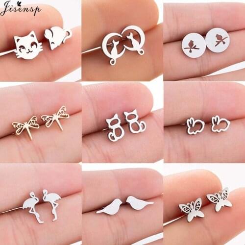 Jisensp New Fashion Hollow Kitty Stud Earrings Cute Cat Rabbit Bird Stainless Steel Earrings for Women Girls Party Gift bijoux