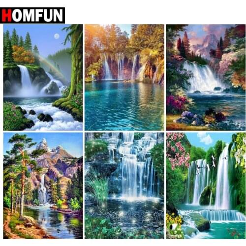 HOMFUN Paint With Diamond Embroidery "Waterfall scenery forest" Diamond Painting Full Square Round Picture Of Rhinestone Decor