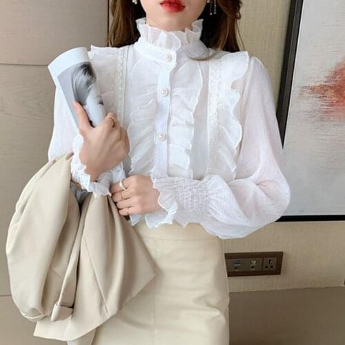 Korean Ruffle Lace Chiffon Shirt Elegant Sweet Chic Long Puff Sleeve Women Blouse Apricot Tops Stand Collar Clothes Blusas 13433