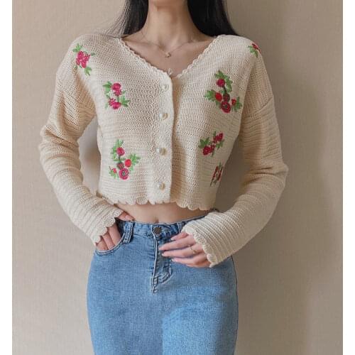 Vintage Floral Embroidery Cropped Knit Cardigan Sweater New Spring Turn-down Collar Thin Coat Long Sleeve Loose Female Outerwear
