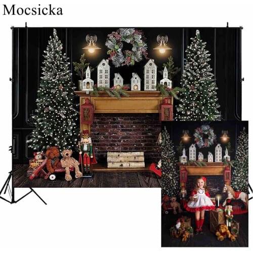Mocsicka Christmas Backdrops Vintage Brick Wall Fireplace Xmas Tree Photo Background Newborn Photography Props Toys Doll Garland