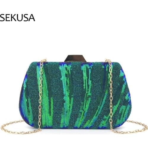 Fashion Women Evening Bags Metal Chain Shoulder Sequined Green Color Handbags Party Wedding Clutch Holder Purse