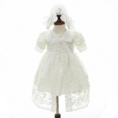Newest Brand High Quality White Baby Girl Dress With Shawl + Hat for Girls Infant 1 Year Birthday Dress Baptism Christening Gown