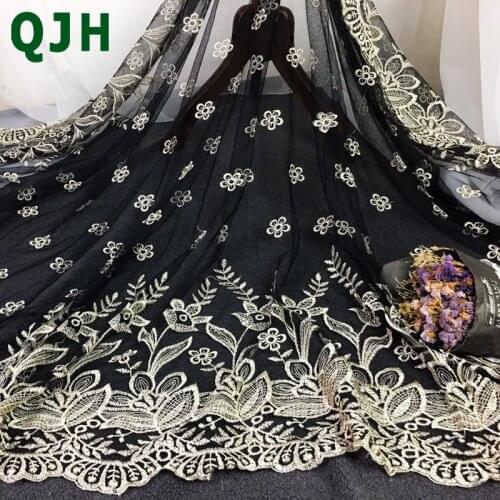 2018 New Gold Silk Symmetric Embroidery Black Africa Lace Fabric Womens Fashion Flower Skirt Lace Accessories Dress Net Yarn
