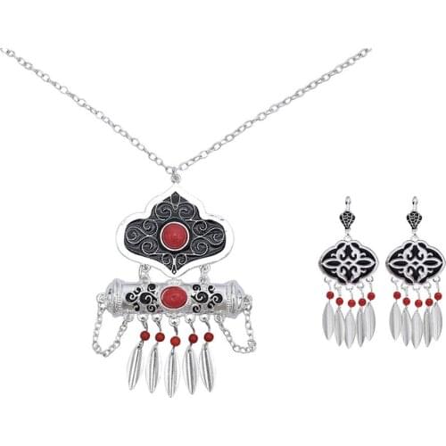 New Fashion Vintage Silver Color Stone Tassel Necklace Earring Set Female Bohemian Gypsy Ethnic Tribal Party Jewelry Set