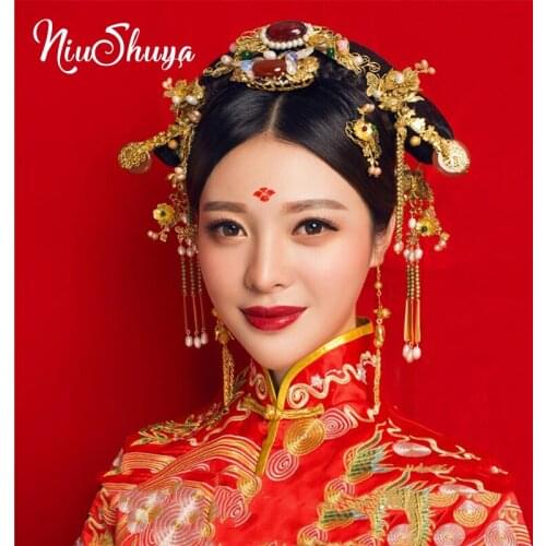 NiuShuya Luxury Chinese Bridal Headdress Red Pearl Hanfu Hairpin Women Wedding Jewelry Hair Accessories