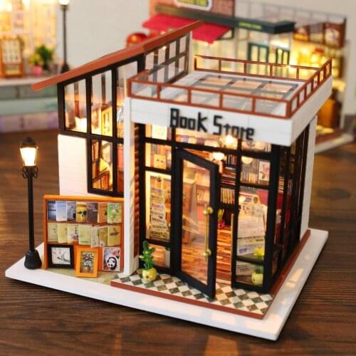 DIY Hut Book Store Toys Kit Princess Doll House Handmade Model Furniture 3D Wooden Miniature Dollhouse Toys for Birthday Gifts