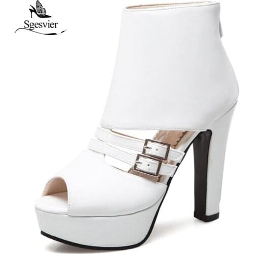 SGESVIER Women Sandals Size 34-50 Cut-Outs Zipper High Square Heel Peep Toe Womens New Fashion Shoes Platform Summer OX380