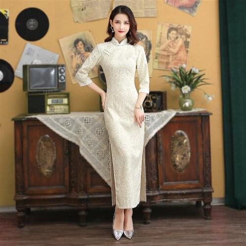 Sheng Coco Sexy Lace White Evening Cheongsam Long Sleeve Long Woman Modern Qipao Chinese Dress Oriental Style Vestido Chines